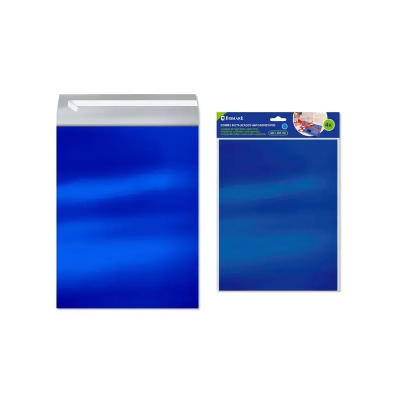 Bismark Pack de 4 Sobres Metalizados - Medidas 324x254mm - Cierre Autoadhesivo - Ideal para Regalos - Color Azul Metalizado | Ah