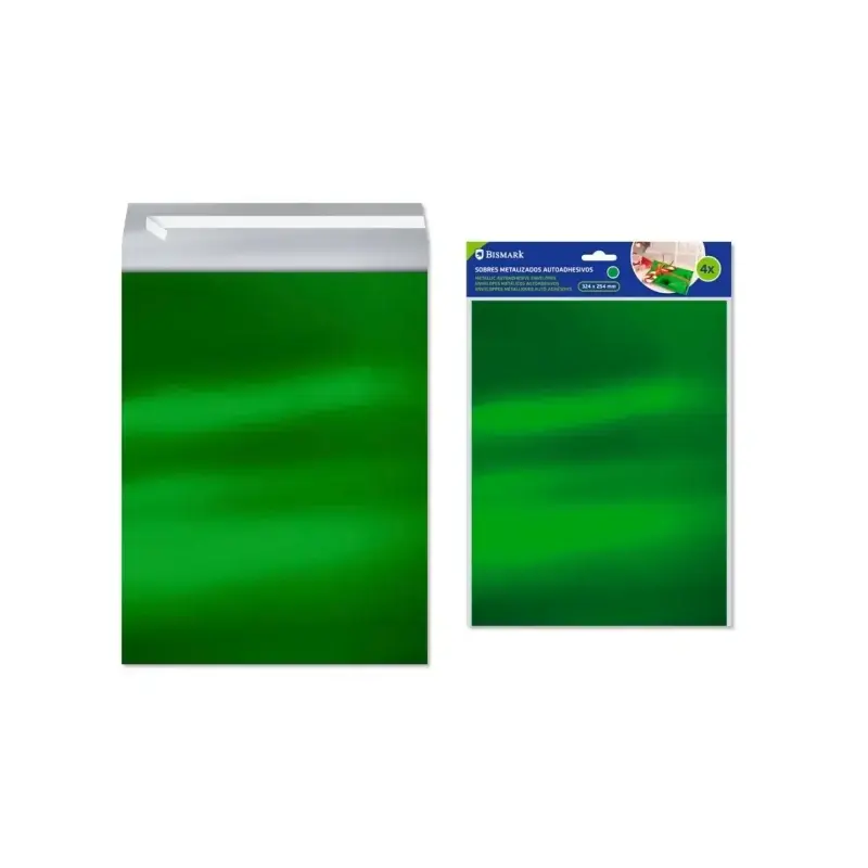 Bismark Pack de 4 Sobres Metalizados - Medidas 324x254mm - Cierre Autoadhesivo - Ideal para Regalos - Color Verde Metalizado | A