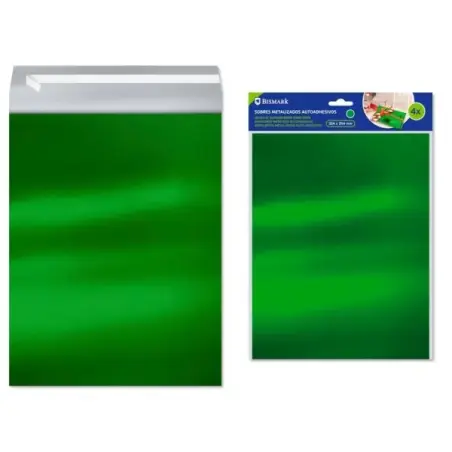 Bismark Pack de 4 Sobres Metalizados - Medidas 324x254mm - Cierre Autoadhesivo - Ideal para Regalos - Color Verde Metalizado | A