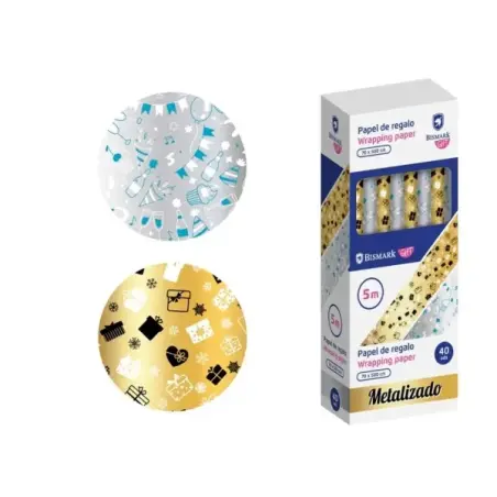 Bismark Metalizado Rollo de Papel Regalo - Medidas 70cmx500cm - 2 Diseños Diferentes | Ahorro Imprimiendo