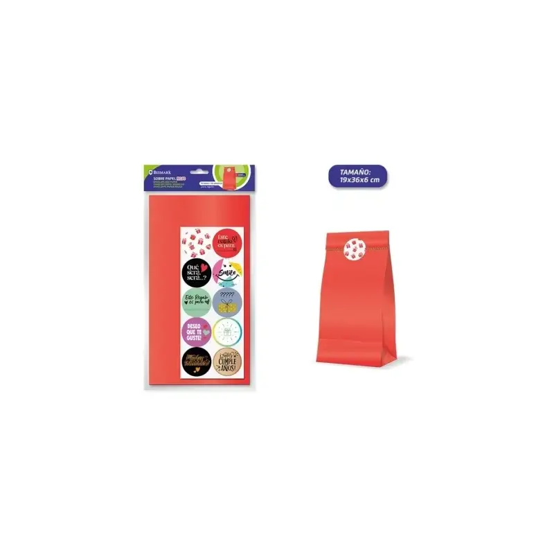 Bismark Pack de 10 Sobres Papel Kraft 50grs con 10 Pegatinas para Cierre - Medidas 19x36x6cm - Ideal para Regalos - Color Rojo |
