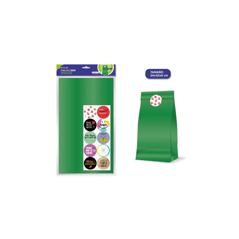 Bismark Pack de 10 Sobres Papel Kraft 50grs con 10 Pegatinas para Cierre - Medidas 24x42x6cm - Ideal para Regalos - Color Verde