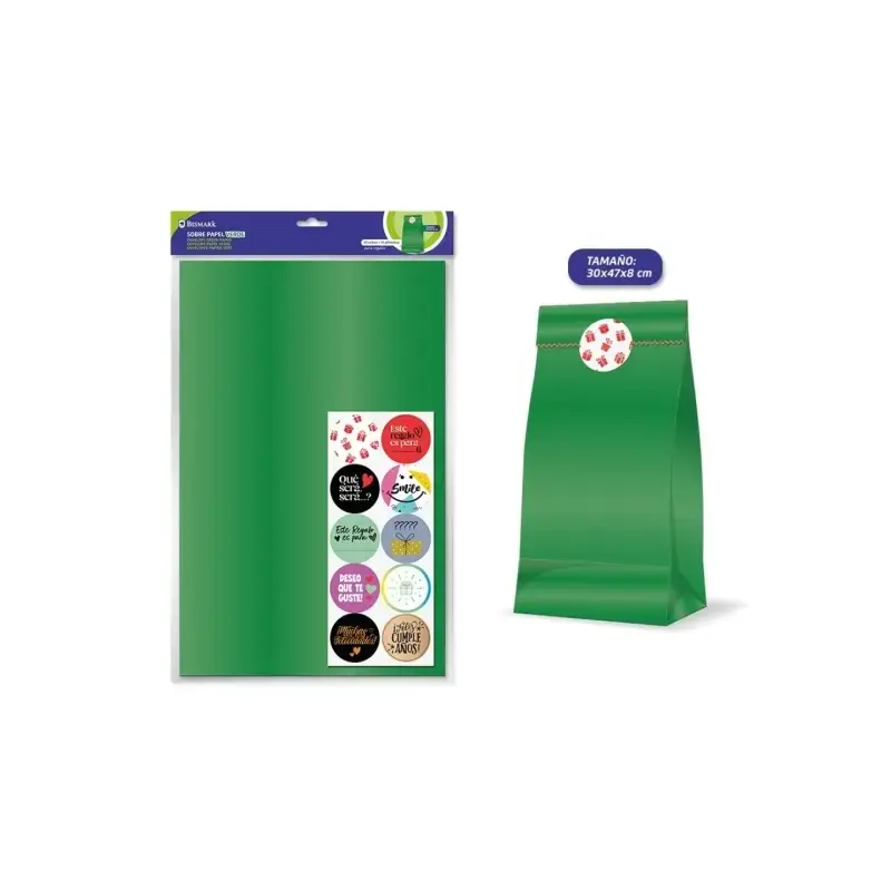 Bismark Pack de 10 Sobres Papel Kraft 50grs con 10 Pegatinas para Cierre - Medidas 30x47x8cm - Ideal para Regalos - Color Verde