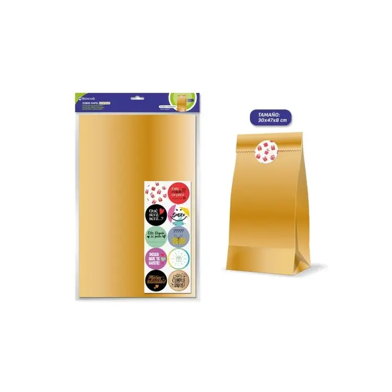 Bismark Pack de 10 Sobres Papel Kraft 50grs con 10 Pegatinas para Cierre - Medidas 30x47x8cm - Ideal para Regalos - Color Oro |