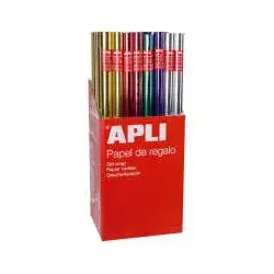 Apli Expositor de 55 Rollos de Papel Regalo Metalizado - 11 Rollos por Color - Medidas del Rollo 0.70x2m - Colores Lila, Oro, Pl