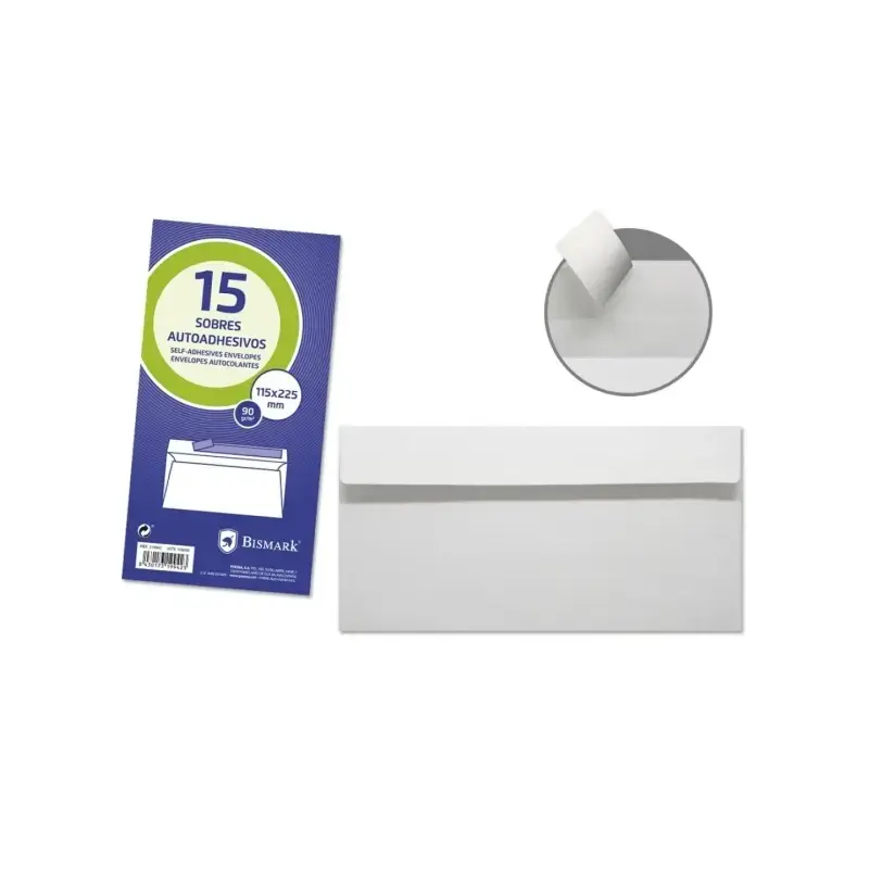 Bismark Pack de 15 Sobres Americanos Papel 90grs - Medidas 115x225mm - Cierre Autoadhesivo - Color Blanco | Ahorro Imprimiendo