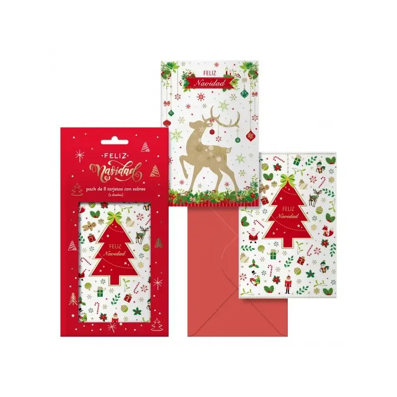 Dohe Caramelo Pack de 8 Tarjetas de Felicitacion Navideña con Sobre - 2 Modelos Distintos - Tamaño 12,2x23,5cm - Papel Offset -