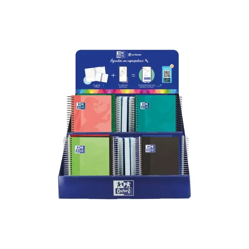 Oxford Basicos Expositor de 38 Agendas Escolares 25/26 Espiral - Incluye Agendas de Dia Pagina y Semana Vista - Diseños Surtidos