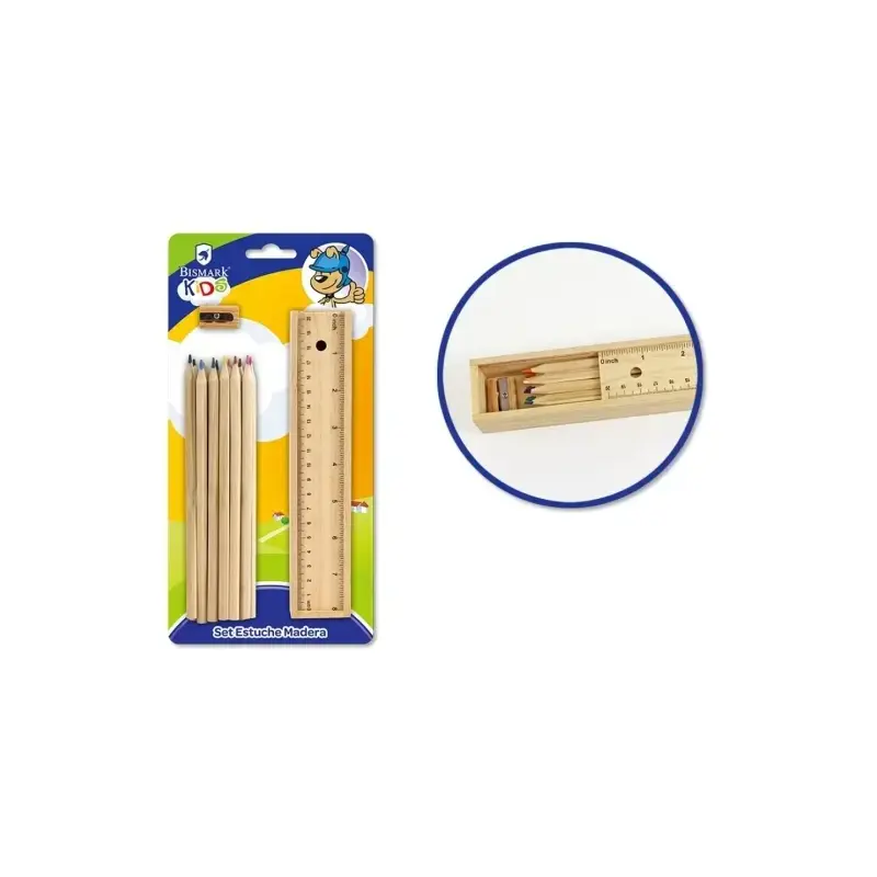 Bismark Pack Escolar con Estuche de Madera con Tapa Regla, 12 Lapices de Colores y Sacapuntas | Ahorro Imprimiendo