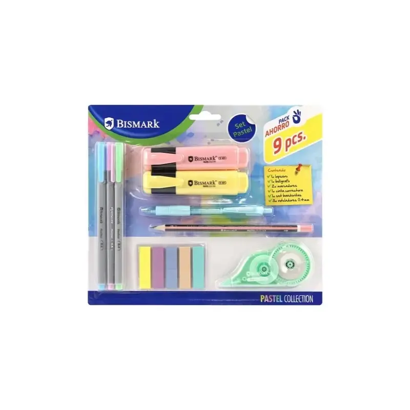 Bismark Pastel Pack Escolar con Lapicero, Boligrafo, 2 Marcadores, Cinta Correctora, Set Banderitas Pet y 3 Rotuladores 0.44mm |