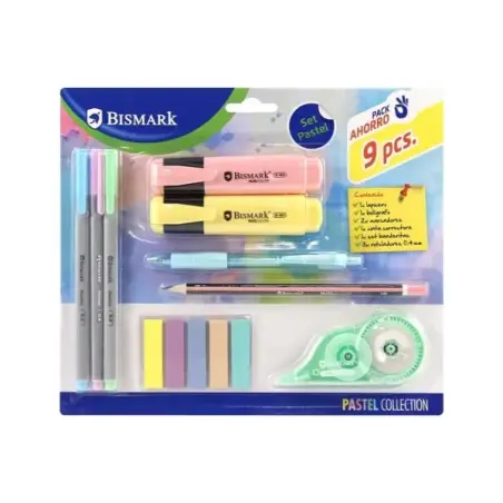 Bismark Pastel Pack Escolar con Lapicero, Boligrafo, 2 Marcadores, Cinta Correctora, Set Banderitas Pet y 3 Rotuladores 0.44mm |