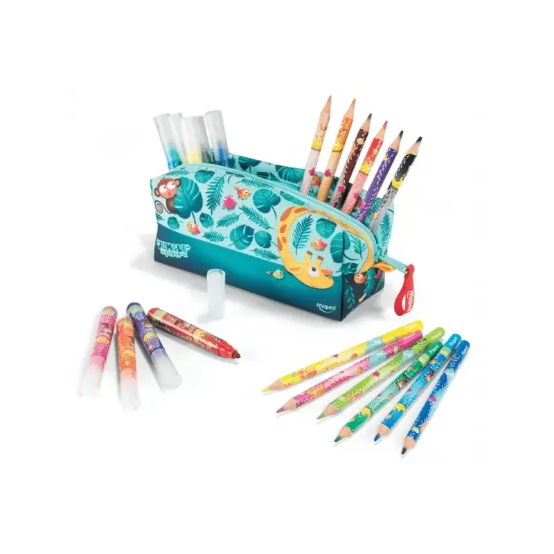 Maped Jungle Fever Bebes Estuche de Tela con 12 Lapices de Colores Jumbo Jungle Fever (A partir de 2 años) y 12 Rotuladores de C