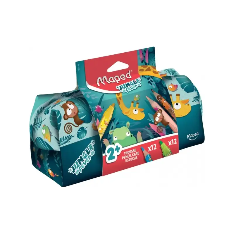 Maped Jungle Fever Bebes Estuche de Tela con 12 Lapices de Colores Jumbo Jungle Fever (A partir de 2 años) y 12 Rotuladores de C