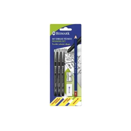 Bismark Pack Escolar con 3 Rotuladores Calibrados Color Negro 0.2, 0.4, 0.8mm, Lapicero HB, Goma, Afilalapiz | Ahorro Imprimiend