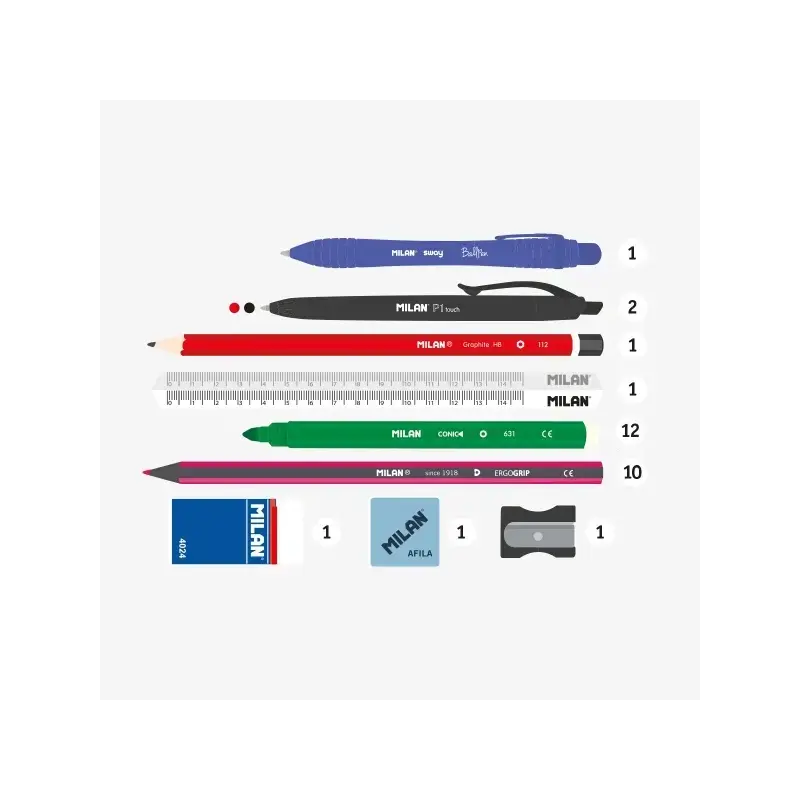 Milan Fun Animals Pack de 4 Estuches con Contenido de Serie - Contenido: Goma de Borrar, 2 Sacapuntas, Lapiz, 1 Boligrafo Sway A