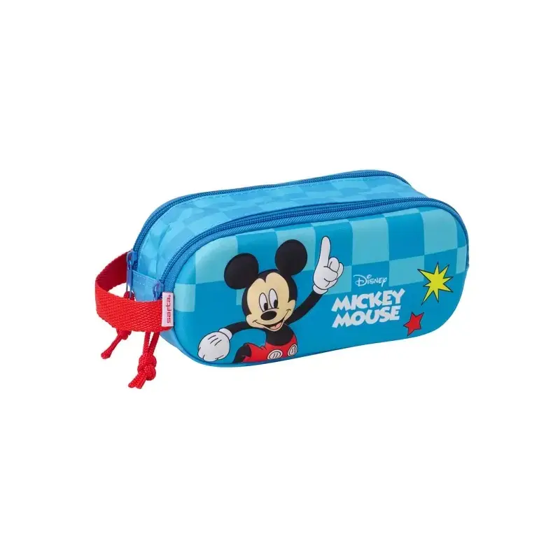 Safta Mickey Mouse Estuche Portatodo 3D de 1L - 2 Compartimentos - Cierre de Cremallera - Asa de Mano - 21x8x6cm - Color Rojo y