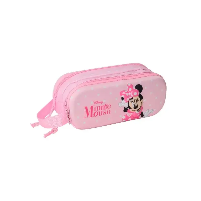 Safta Minnie Mouse Estuche Portatodo 3D de 1L - 2 Compartimentos - Cierre de Cremallera - Asa de Mano - 21x8x6cm - Color Rosa Pa