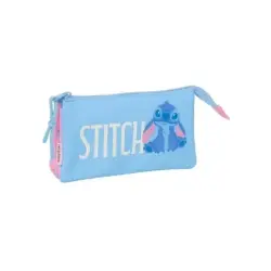 Safta Stitch Bright Portatodo - 3 Compartimentos con Cremalleras - Bolsillo Interior - 0.6L - 220x30x120mm - Color Azul | Ahorro
