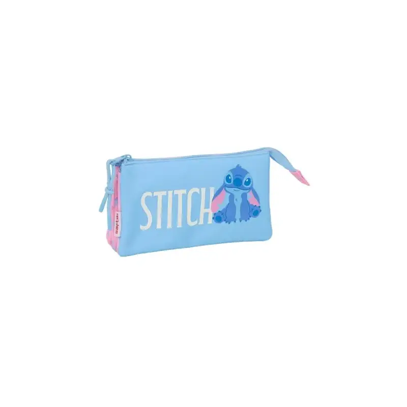Safta Stitch Bright Portatodo - 3 Compartimentos con Cremalleras - Bolsillo Interior - 0.6L - 220x30x120mm - Color Azul | Ahorro