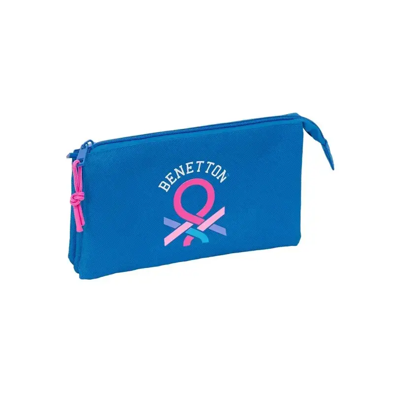 Safta Benetton Basics Azulina Portatodo - 3 Compartimentos con Cremalleras - Bolsillo Interior - 0.6L - 220x30x120mm - Color Azu