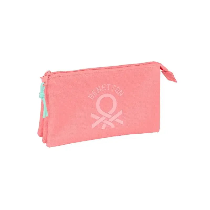 Safta Benetton Basics Portatodo - 3 Compartimentos con Cremalleras - Bolsillo Interior - 0.6L - 220x30x120mm - Color Coral | Aho