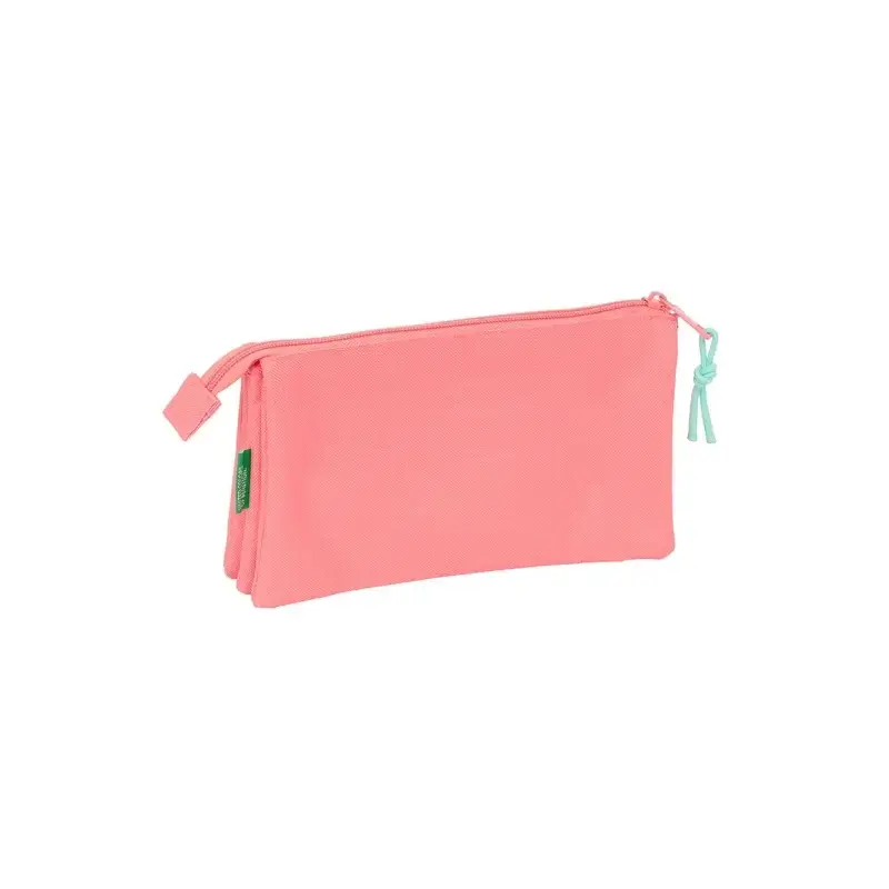 Safta Benetton Basics Portatodo - 3 Compartimentos con Cremalleras - Bolsillo Interior - 0.6L - 220x30x120mm - Color Coral | Aho