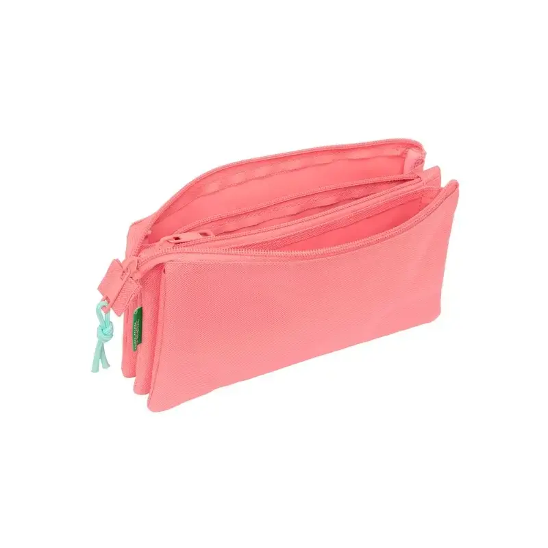 Safta Benetton Basics Portatodo - 3 Compartimentos con Cremalleras - Bolsillo Interior - 0.6L - 220x30x120mm - Color Coral | Aho