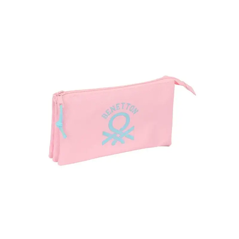 Safta Benetton Basics Portatodo - 3 Compartimentos con Cremalleras - Bolsillo Interior - 0.6L - 220x30x120mm - Color Rosa Pastel
