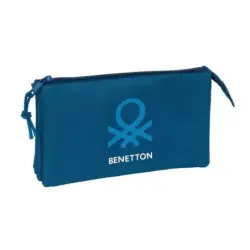 Safta Benetton Basics Marino Portatodo - 3 Compartimentos con Cremalleras - Bolsillo Interior - 0.6L - 220x30x120mm - Color Azul