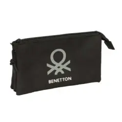 Safta Benetton Basics Portatodo - 3 Compartimentos con Cremalleras - Bolsillo Interior - 0.6L - 220x30x120mm - Color Negro | Aho