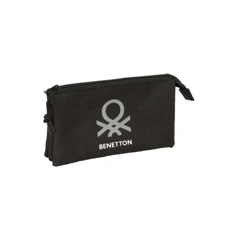 Safta Benetton Basics Portatodo - 3 Compartimentos con Cremalleras - Bolsillo Interior - 0.6L - 220x30x120mm - Color Negro | Aho