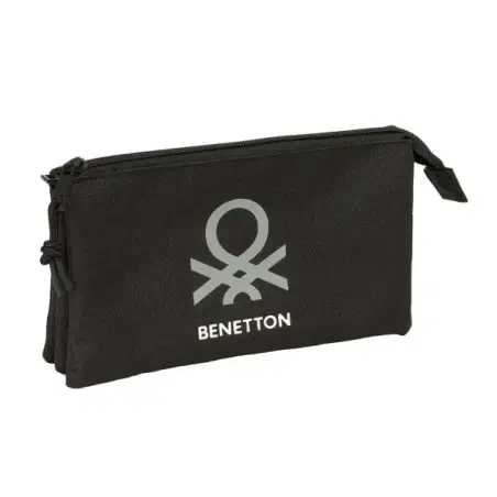 Safta Benetton Basics Portatodo - 3 Compartimentos con Cremalleras - Bolsillo Interior - 0.6L - 220x30x120mm - Color Negro | Aho