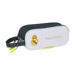 Safta Real Madrid Estuche Portatodo de 1.25L - 3 Compartimentos - Asa de Mano - Cierre de Cremallera - 21x8.5x7cm - Color Blanco