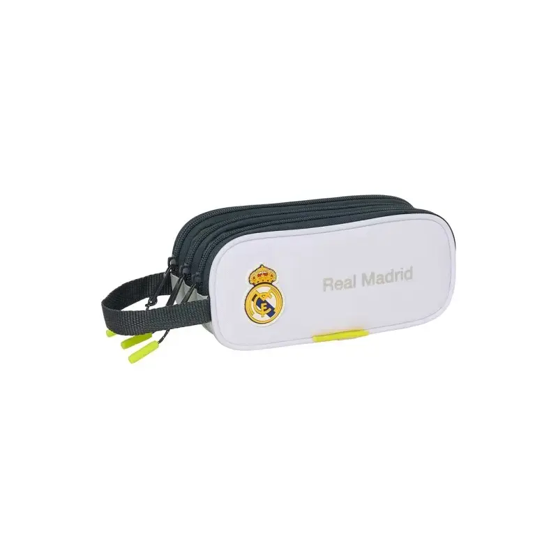 Safta Real Madrid Estuche Portatodo de 1.25L - 3 Compartimentos - Asa de Mano - Cierre de Cremallera - 21x8.5x7cm - Color Blanco