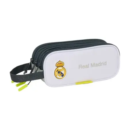 Safta Real Madrid Estuche Portatodo de 1.25L - 3 Compartimentos - Asa de Mano - Cierre de Cremallera - 21x8.5x7cm - Color Blanco