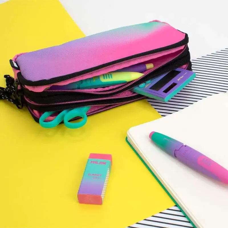 Milan Sunset Estuche Portatodo 3 Compartimentos - Tejido Resistente a las Roturas y Rasgaduras - Medidas 22x11x6.5cm - Color Ros