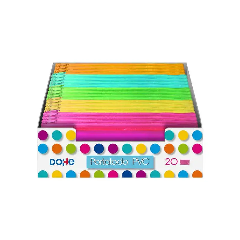 Dohe Expositor con 20 Portatodos Simples Planos - Fabricados en PVC de 280 Micras Transparente - Cierre de Cremallera - Colores