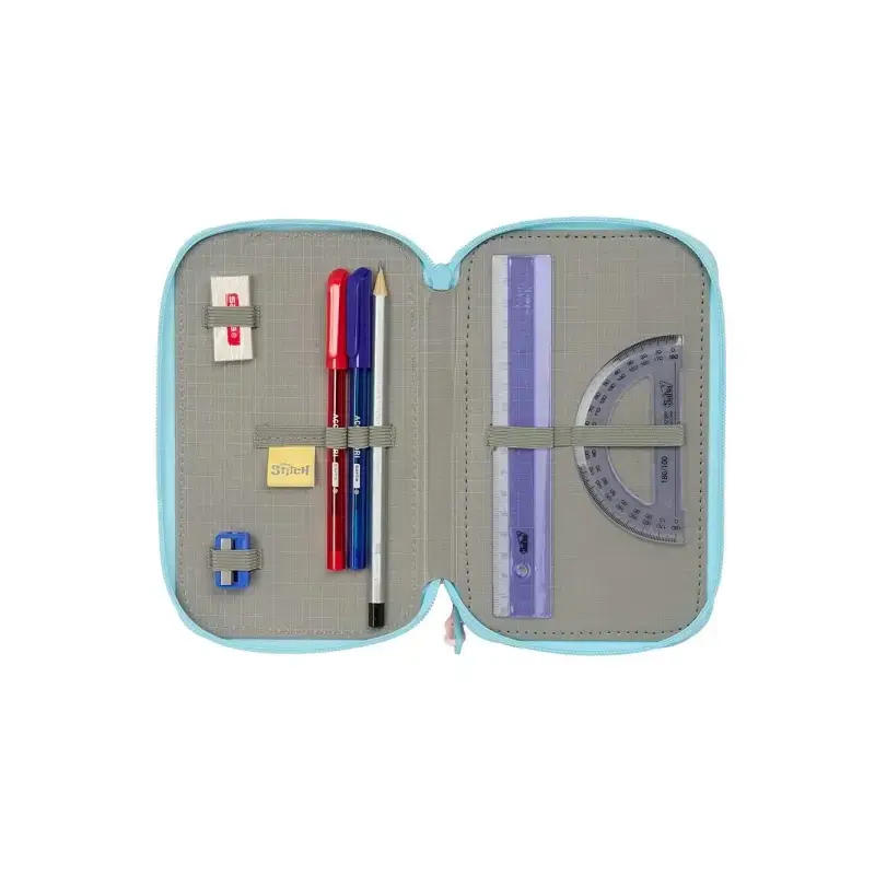 Safta Stitch Ohana Plumier de 3 Pisos - 37 Piezas - 1.3L - Goma - Lapiz - Boligrafos - Sacapuntas - Reglas - 16 Colores - 14 Rot