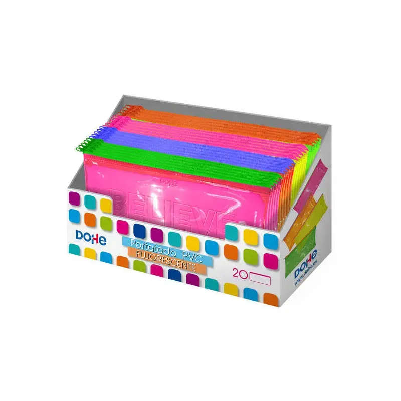 Dohe Expositor con 20 Portatodos Simples Planos - Fabricados en PVC de 280 Micras Transparente Fluorescente - Cierre de Cremalle