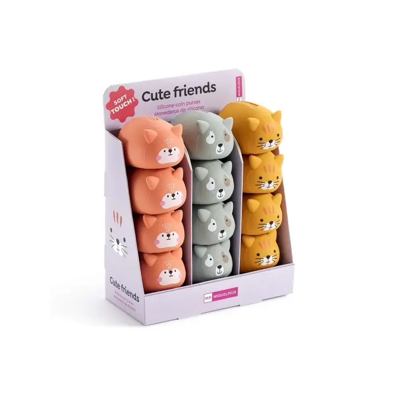 Miquel Rius Back2Fun Animales Cute Expositor con 12 Monederos de Silicona - 4 de cada Modelo de Animal - Cierre con Cremallera |