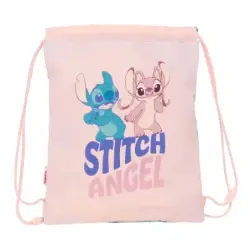 Safta Stitch Ohana Saco Plano - Bolsillo con Cremallera - Cierre con Cordones - 3L - 260x10x340mm - Color Rosa Pastel | Ahorro I