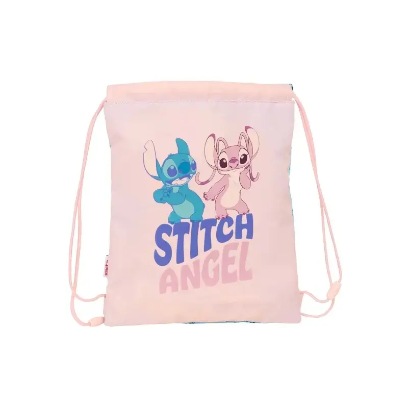 Safta Stitch Ohana Saco Plano - Bolsillo con Cremallera - Cierre con Cordones - 3L - 260x10x340mm - Color Rosa Pastel | Ahorro I