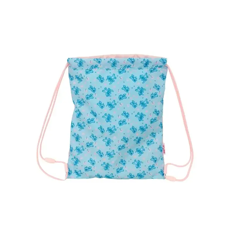 Safta Stitch Ohana Saco Plano - Bolsillo con Cremallera - Cierre con Cordones - 3L - 260x10x340mm - Color Rosa Pastel | Ahorro I