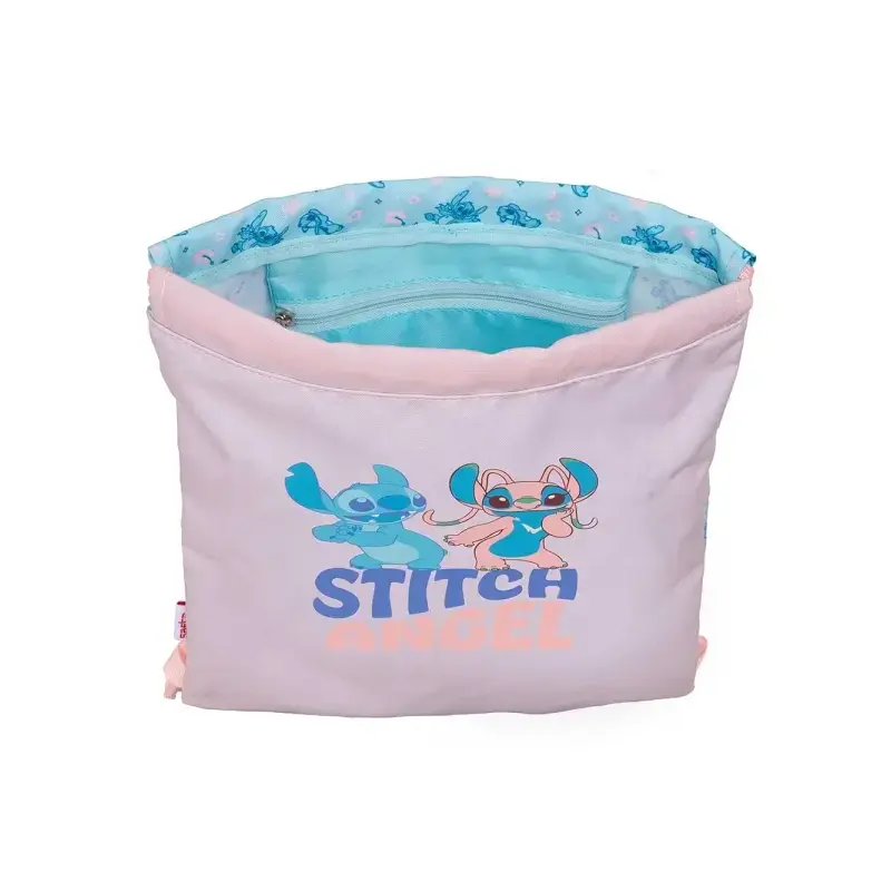 Safta Stitch Ohana Saco Plano - Bolsillo con Cremallera - Cierre con Cordones - 3L - 260x10x340mm - Color Rosa Pastel | Ahorro I