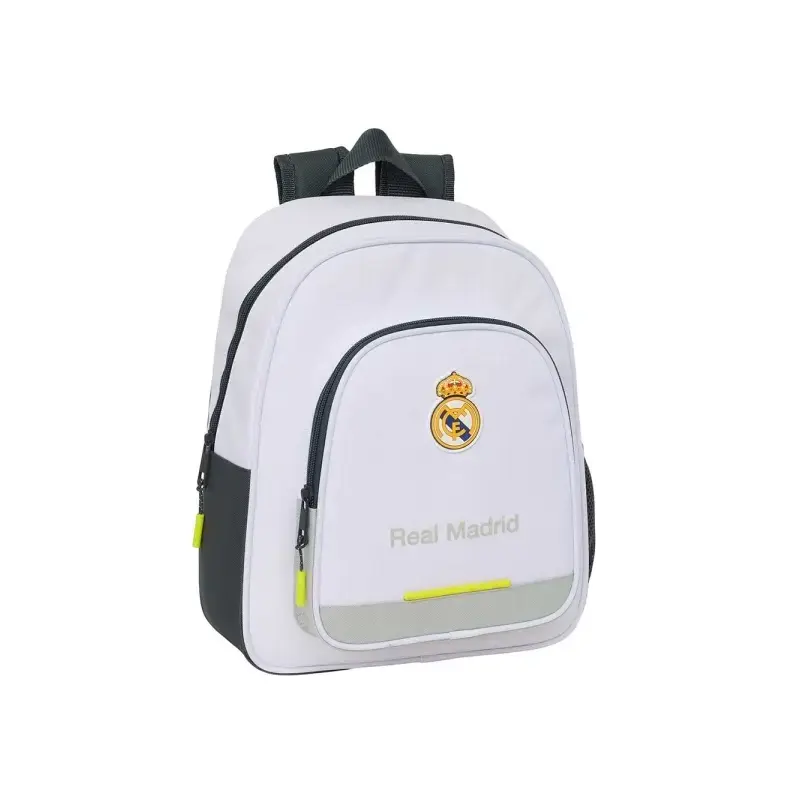 Safta Real Madrid Mochila Infantil de 10L - Adaptable a Carro - 2 Compartimentos - Portabotellas - 28x34x10cm - Color Blanco y N