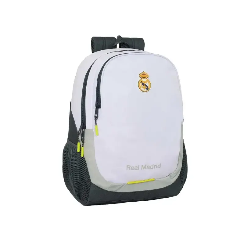 Safta Real Madrid Mochila Escolar de 23L - Adaptable a Carro - 2 Compartimentos - Portabotellas - 32x44x16cm - Color Blanco y Ne