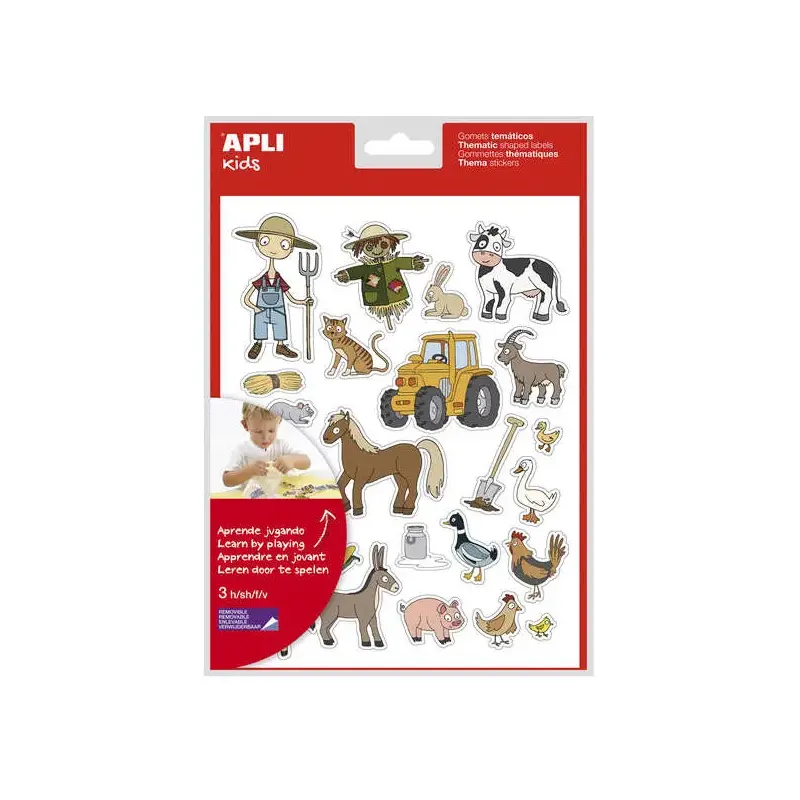 Apli Gomets Tematicos la Granja - 69 Gomets en 3 Hojas - Ilustraciones Educativas de Animales y Objetos de la Granja - Adhesivo