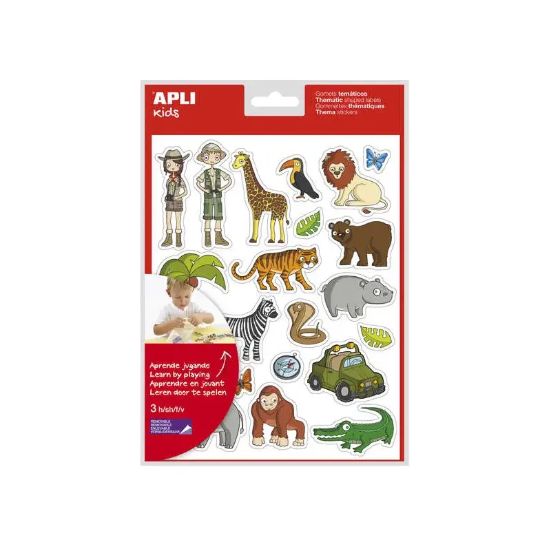 Apli Bolsa de Gomets Tematicos la Selva - 63 Gomets en 3 Hojas - Adhesivo Removible - Desarrollados con Educadores - Libre de Di