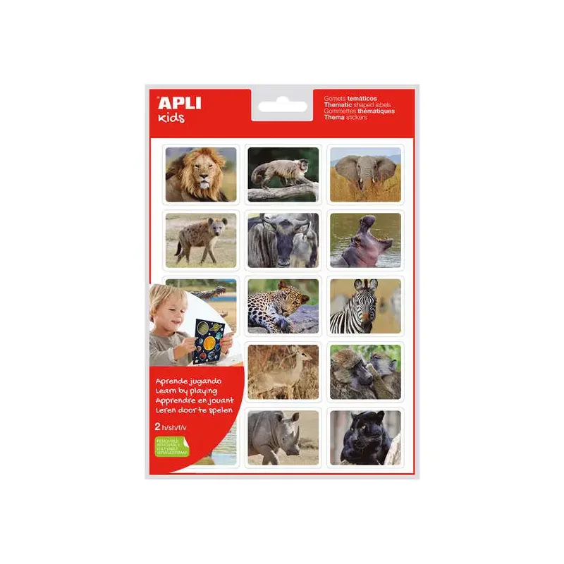 Apli Gomets Realistas Animales en su Habitat - 30 Gomets Tematicos Rectangulares por Bolsa - Imagenes Realistas de Animales Salv