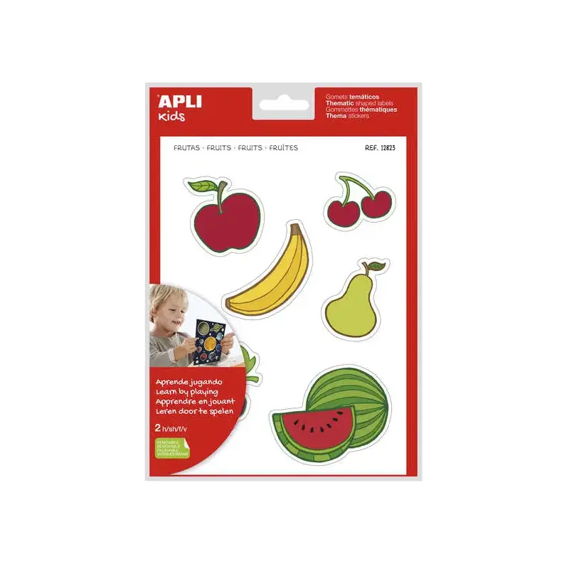 Apli Gomets Tematicos las Frutas xL - 22 Gomets en 2 Hojas A4 - Desarrollados con Educadores - Adhesivo Removible - Seguros y Ec